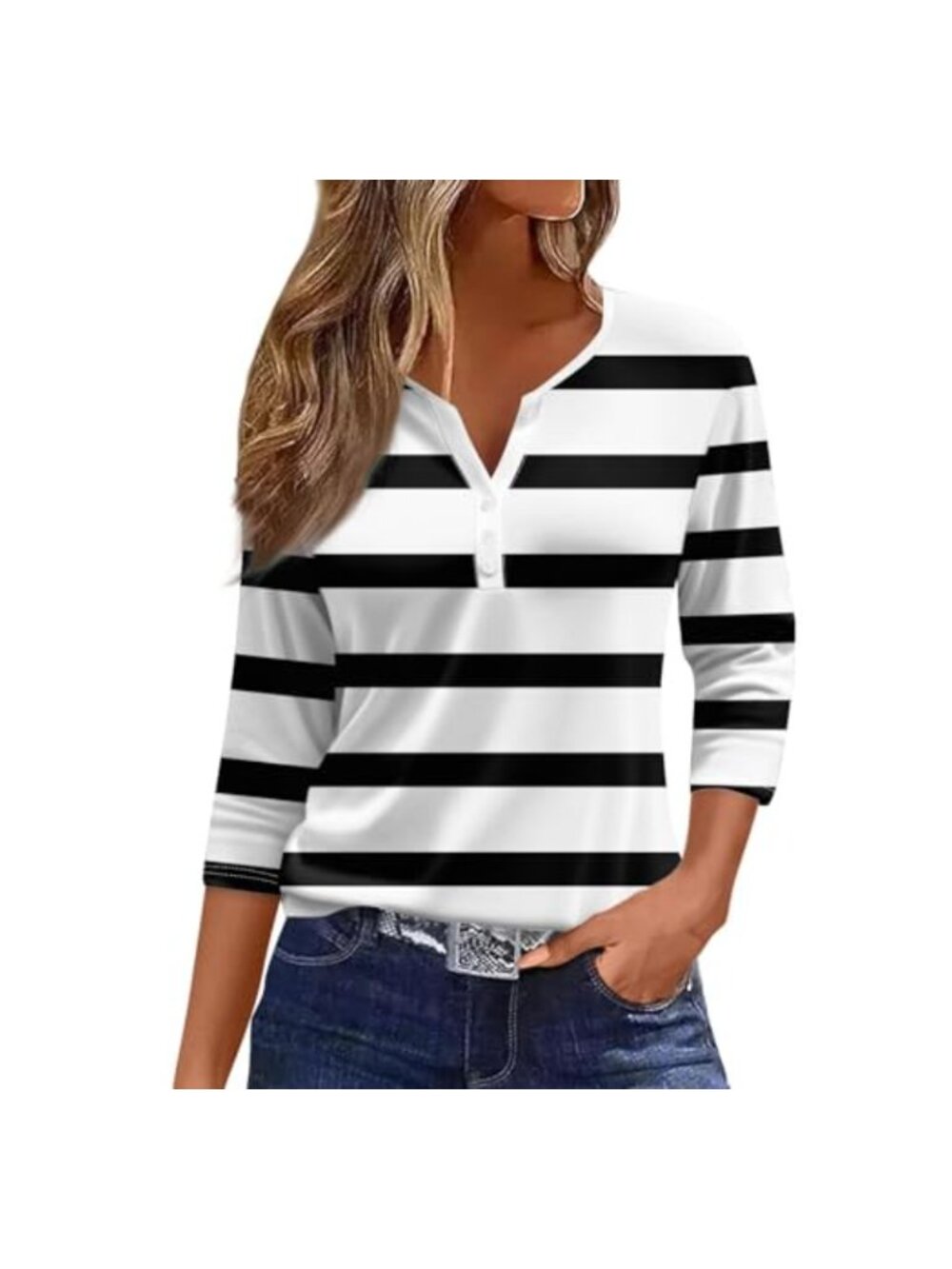Women's Summer V Neck 3/4 Sleeve Striped Tee Plus Size Casual T Shirt